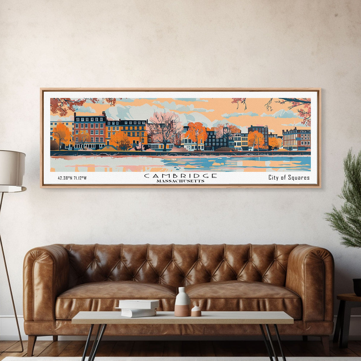 Cambridge Massachusetts Panoramic Painting, Mid Century Modern Framed Canvas Print, Retro Pop Art Travel Poster, Home Decor, City Print