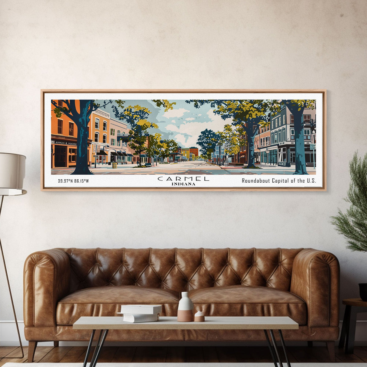 Carmel Indiana Panoramic Painting, Mid Century Modern Framed Canvas Print, Retro Pop Art Travel Poster, Home Decor, City Art