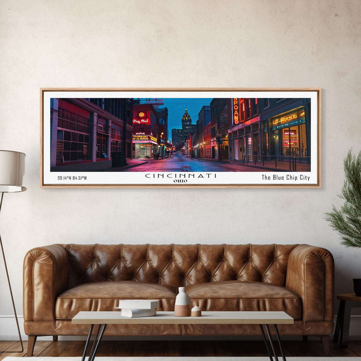 Cincinnati Ohio Panoramic Painting, Mid Century Modern Framed Canvas Print, Retro Pop Art Travel Poster, Office Wall Art, City Print