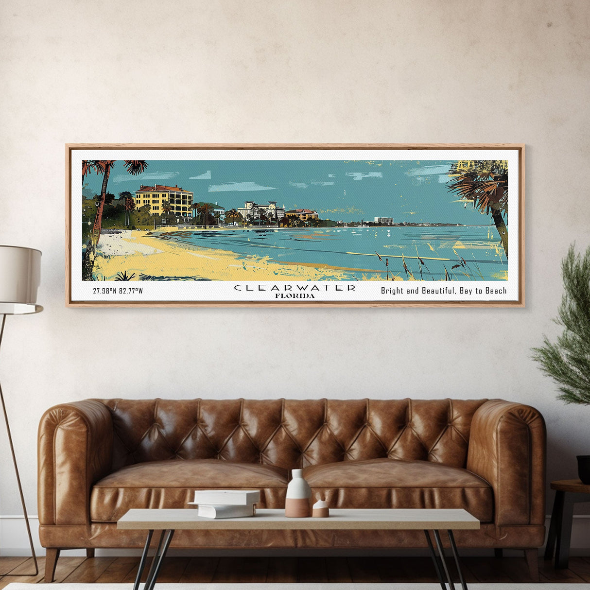 Clearwater Florida Panoramic Painting, Mid Century Modern Framed Canvas Print, Retro Pop Art Travel Poster, Home Decor, City Art