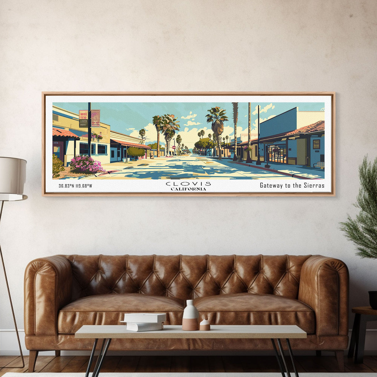 Clovis California Panoramic Wall Art, Mid Century Modern Framed Canvas Print, Retro Pop Art Travel Poster, City Office Decor, Home Art