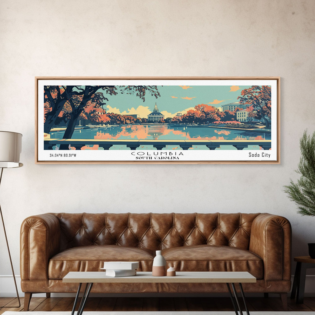 Columbia South Carolina Panoramic Painting, Mid Century Modern Framed Canvas Print, Retro Pop Art Travel Poster, City Art Gift, Home Decor