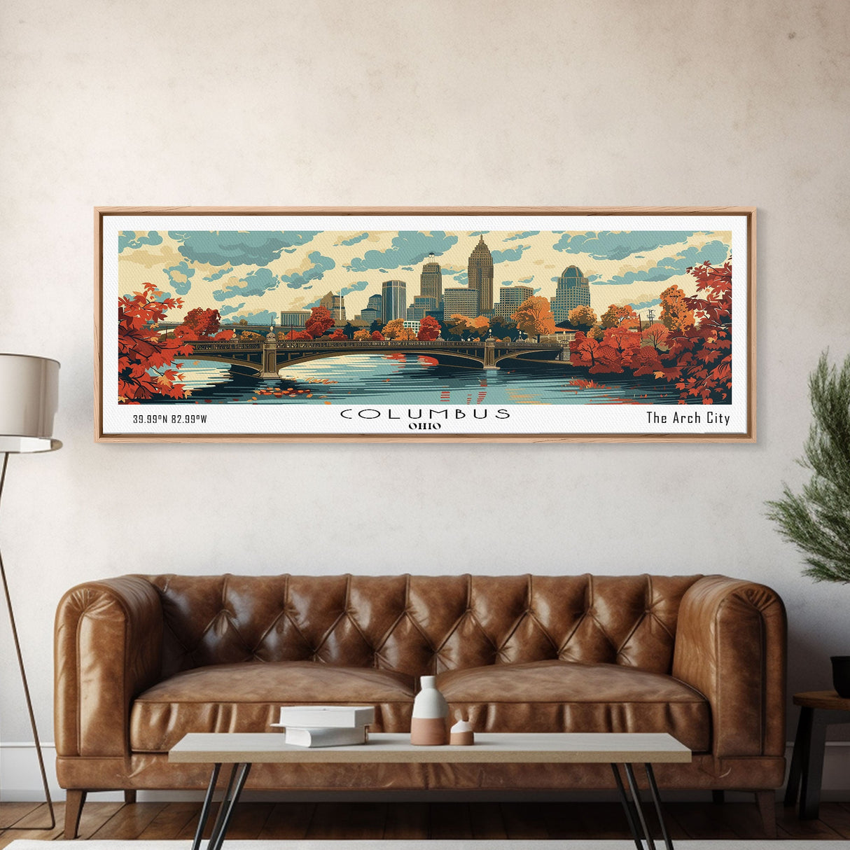 Columbus Ohio Panoramic Wall Art, Mid Century Modern Framed Canvas Print, Retro Pop Art Travel Poster, City Living Room Decor, Office Wall Art