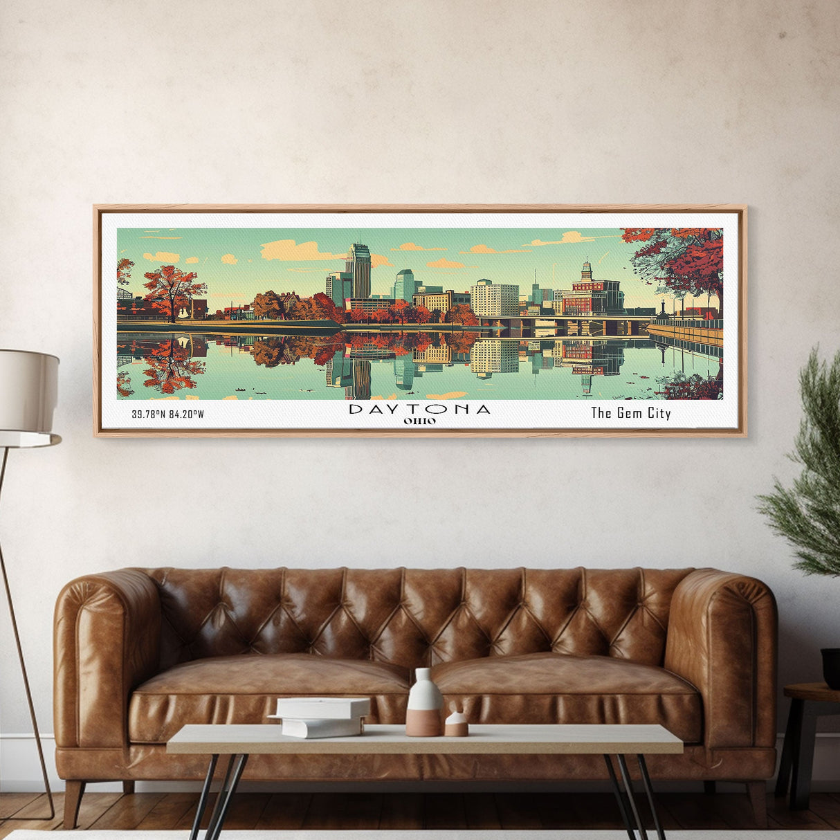 Dayton Ohio Panoramic Wall Art, Mid Century Modern Framed Canvas Print, Retro Pop Art Travel Poster, City Home Decor, Office Decor