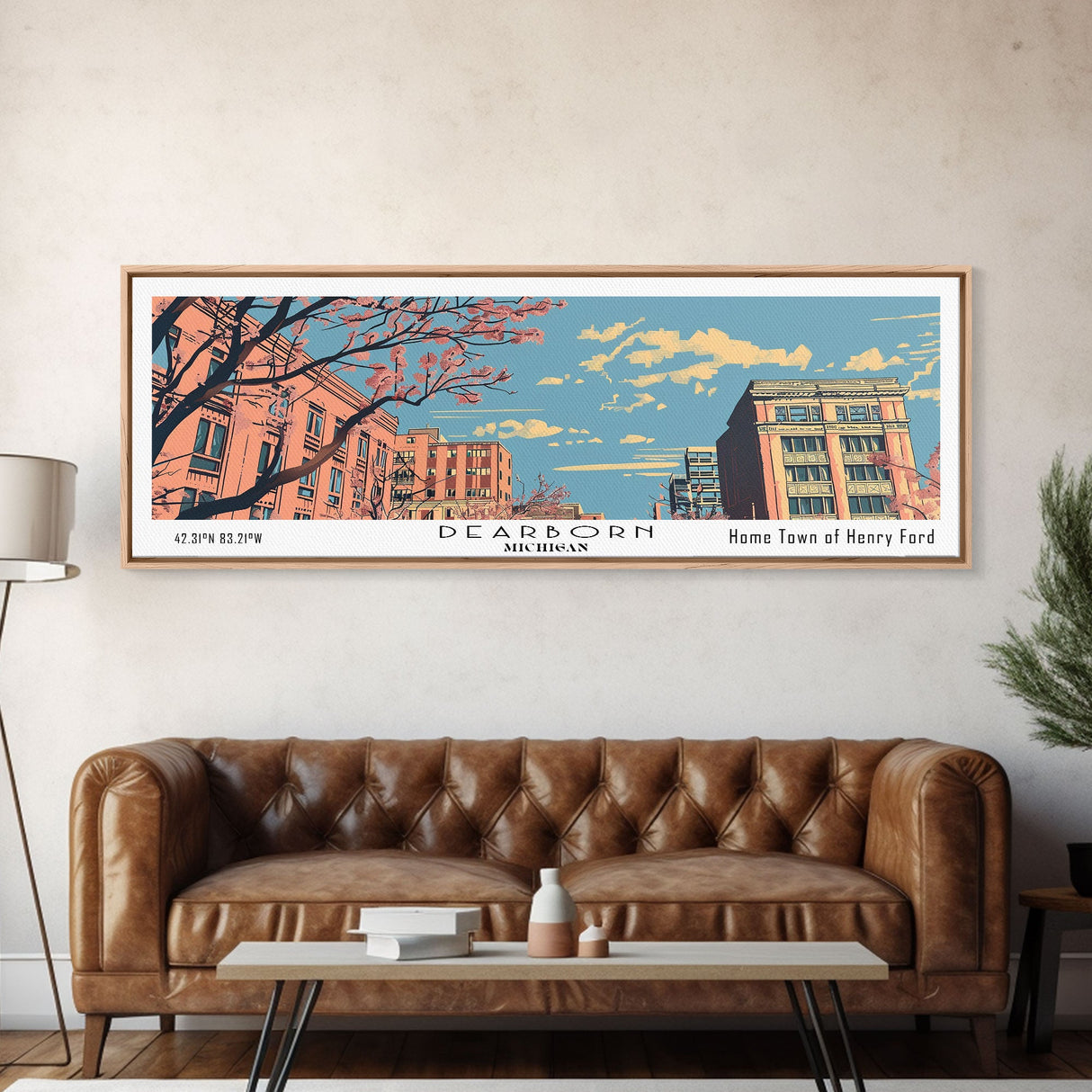 Dearborn Michigan Panoramic Painting, Mid Century Modern Framed Canvas Print, Retro Pop Art Travel Poster, City Wall Decor, Office Wall Art