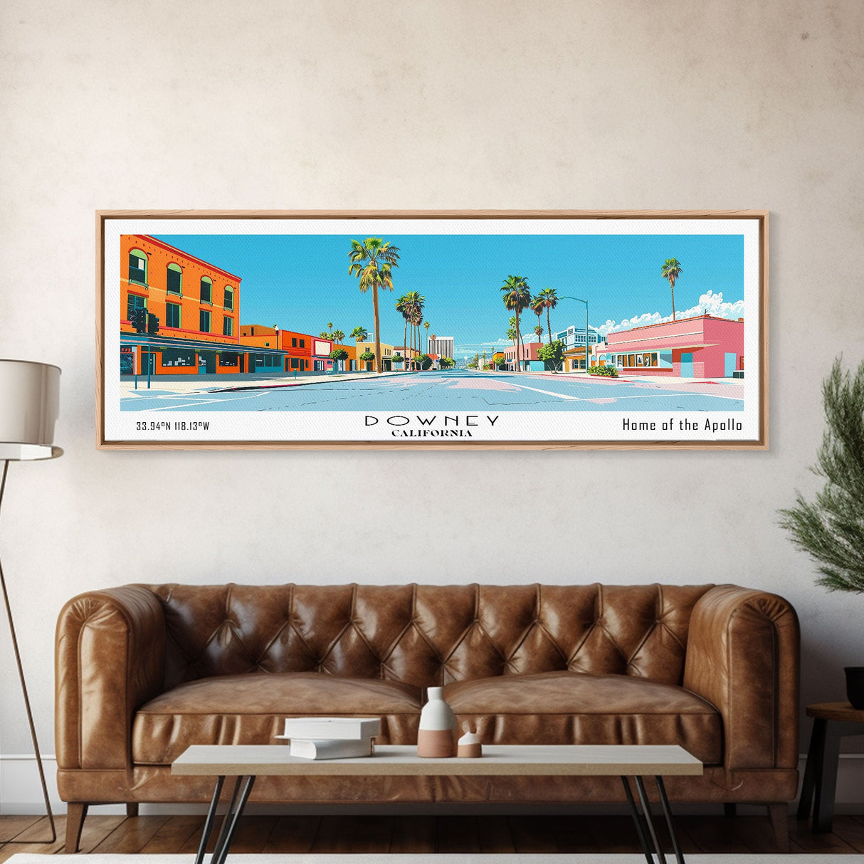 Downey California Panoramic Wall Art, Mid Century Modern Framed Canvas Print, Retro Pop Art Travel Poster, City Living Room Decor, Home Decor