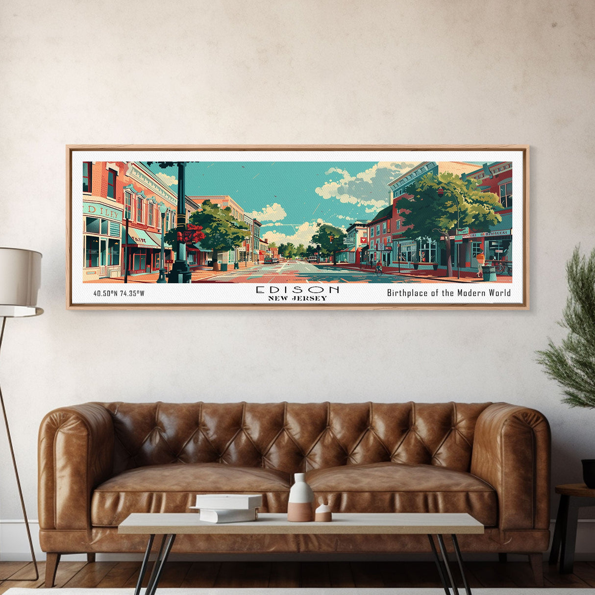 Edison New Jersey Panoramic Painting, Mid Century Modern Framed Canvas Print, Retro Pop Art Travel Poster, City Wall Decor, Home Decor