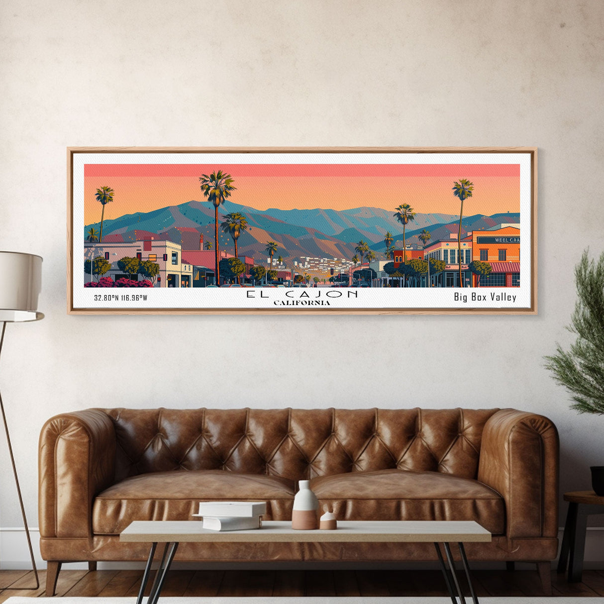 El Cajon California Panoramic Wall Art, Mid Century Modern Framed Canvas Print, Retro Pop Art Travel Poster, City Home Decor, Office Art