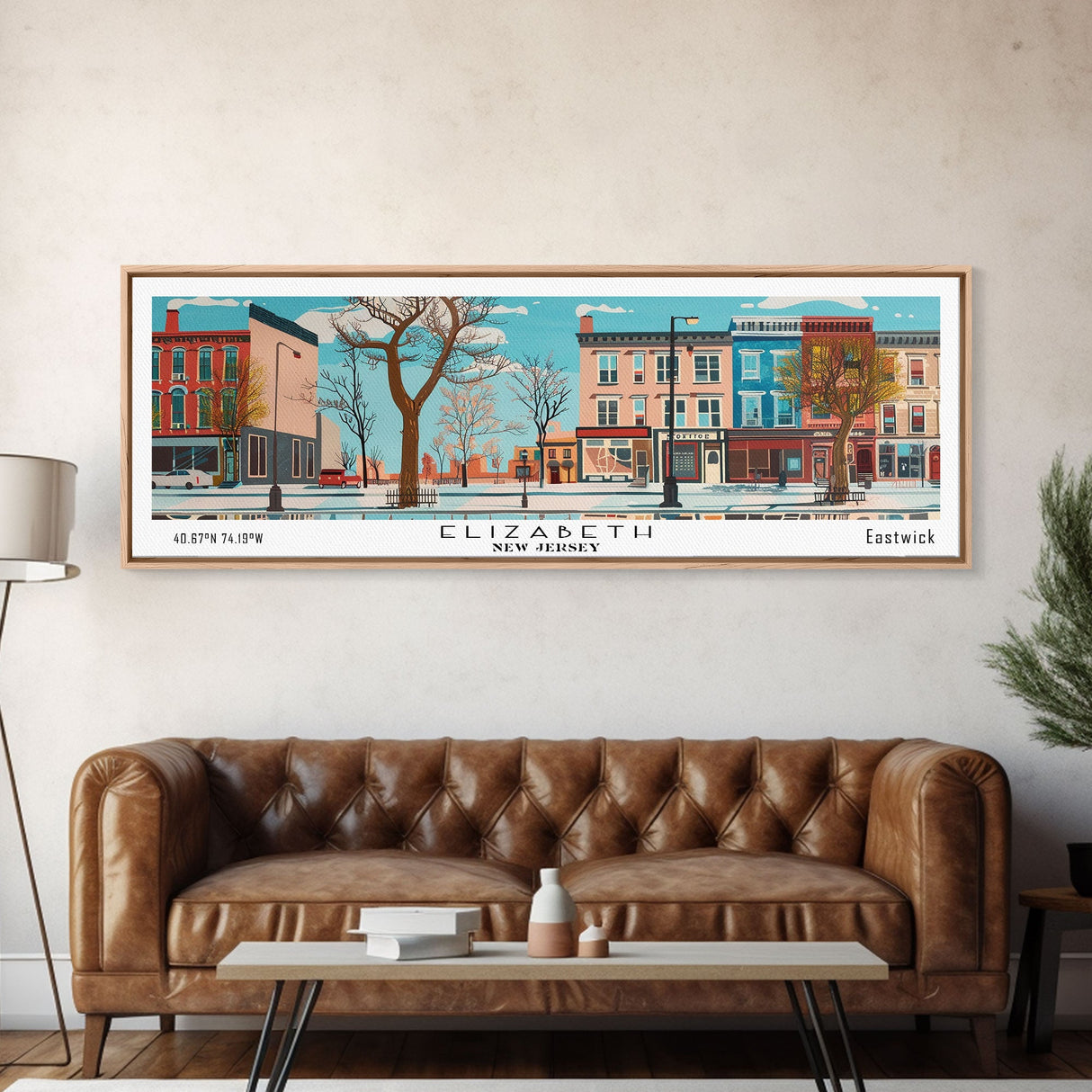 Elizabeth New Jersey Panoramic Wall Art, Mid Century Modern Framed Canvas Print, Retro Pop Art Travel Poster, City Home Decor, Office Art