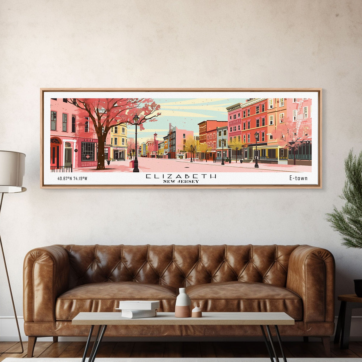 Elizabeth New Jersey Panoramic Wall Art, Mid Century Modern Framed Canvas Print, Retro Pop Art Travel Poster, City Home Decor, Office Art