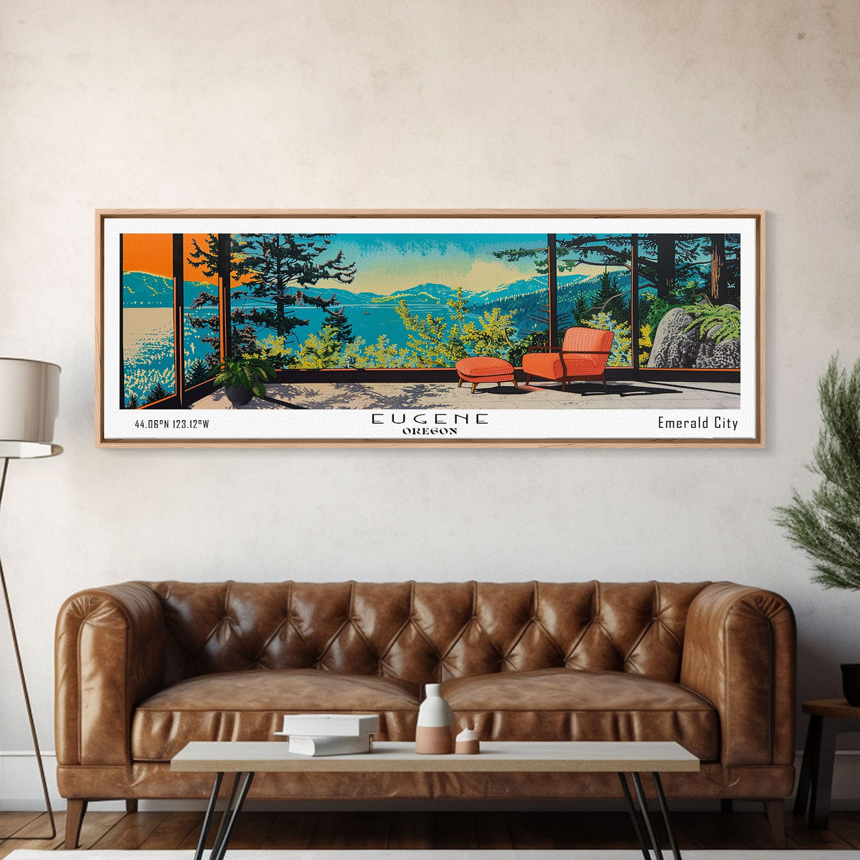 Eugene Oregon Panoramic Art, Mid Century Modern Framed Canvas Print, Retro Pop Art Travel Poster, Office Wall Decor