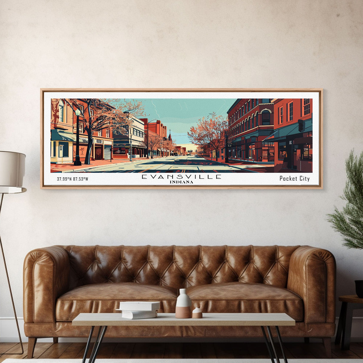 Evansville Indiana Panoramic Painting, Mid Century Modern Framed Canvas Print, Retro Pop Art Travel Poster, Living Room Wall Art