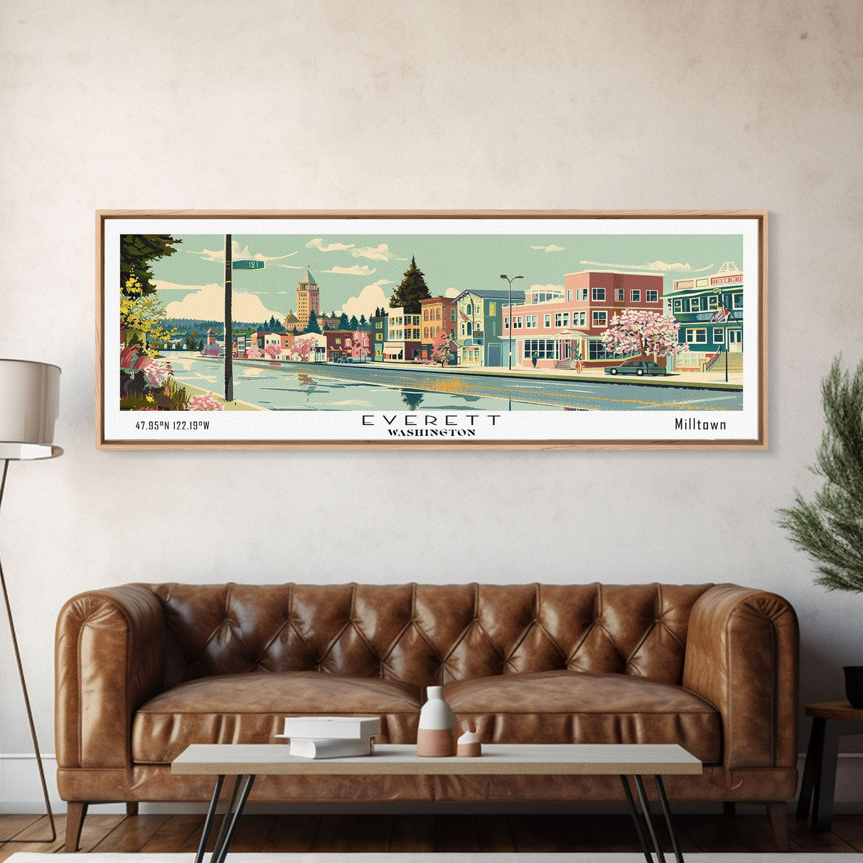 Everett Washington Panoramic Painting, Mid Century Modern Framed Canvas Print, Retro Pop Art Travel Poster, Home Wall Decor