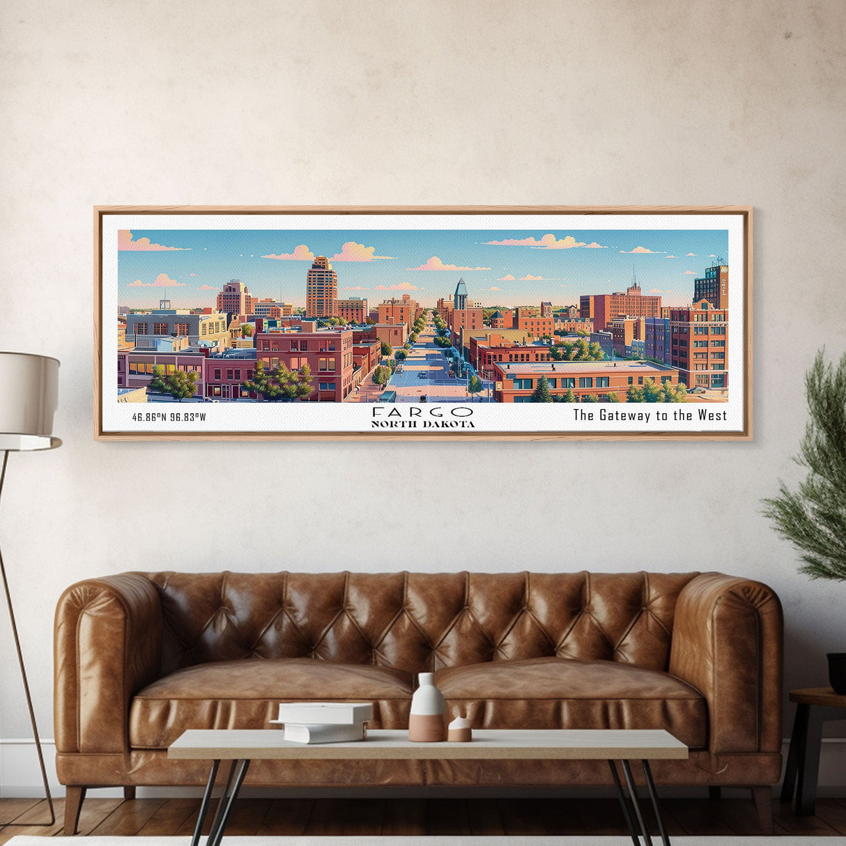 Fargo North Dakota Panoramic Painting, Mid Century Modern Framed Canvas Print, Retro Pop Art Travel Poster, City Wall Art