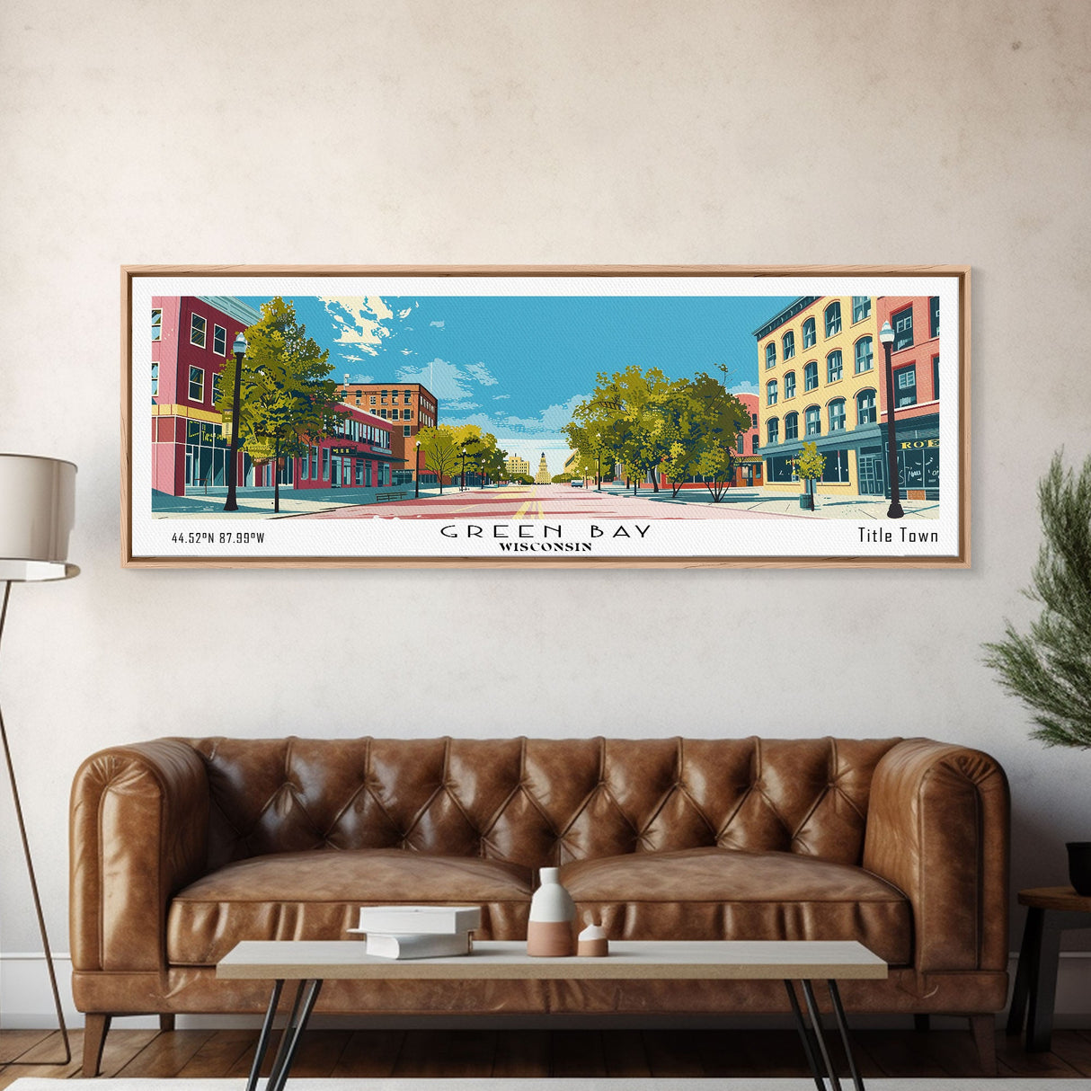 Green Bay Wisconsin Panoramic Art, Mid Century Modern Framed Canvas Print, Retro Pop Art Travel Poster, City Wall Art