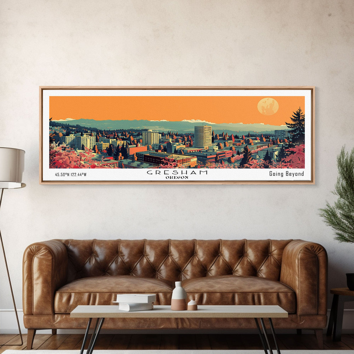 Gresham Oregon Panoramic Art, Mid Century Modern Framed Canvas Print, Retro Pop Art Travel Poster, Office Wall Decor