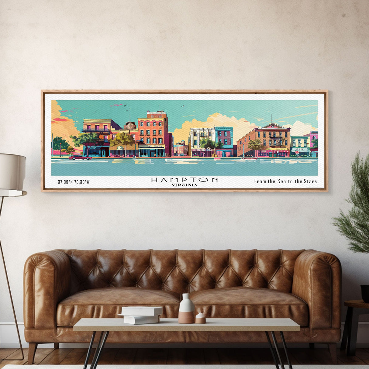 Hampton Virginia Panoramic Painting, Mid Century Modern Framed Canvas Print, Retro Pop Art Travel Poster, Office Wall Decor