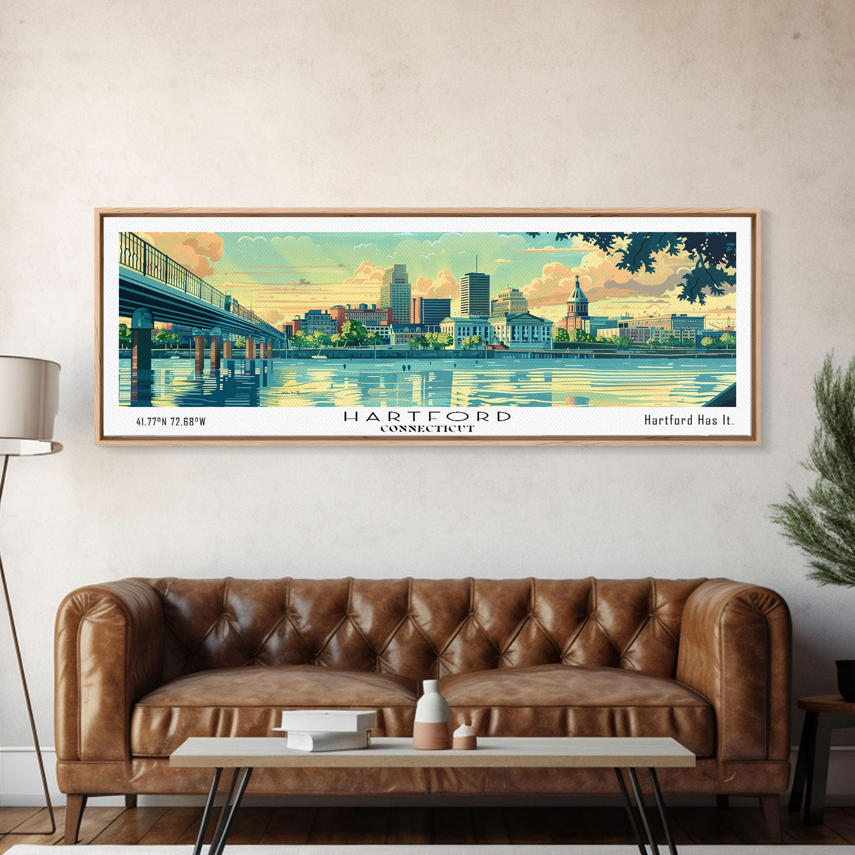 Hartford Connecticut Panoramic Painting, Mid Century Modern Framed Canvas Print, Retro Pop Art Travel Poster, Home Wall Decor