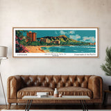 Honolulu Hawaii Panoramic Painting, Mid Century Modern Framed Canvas Print, Retro Pop Art Travel Poster, Home Wall Decor