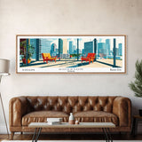 Houston Texas Panoramic Painting, Mid Century Modern Framed Canvas Print, Retro Pop Art Travel Poster, Office Wall Art