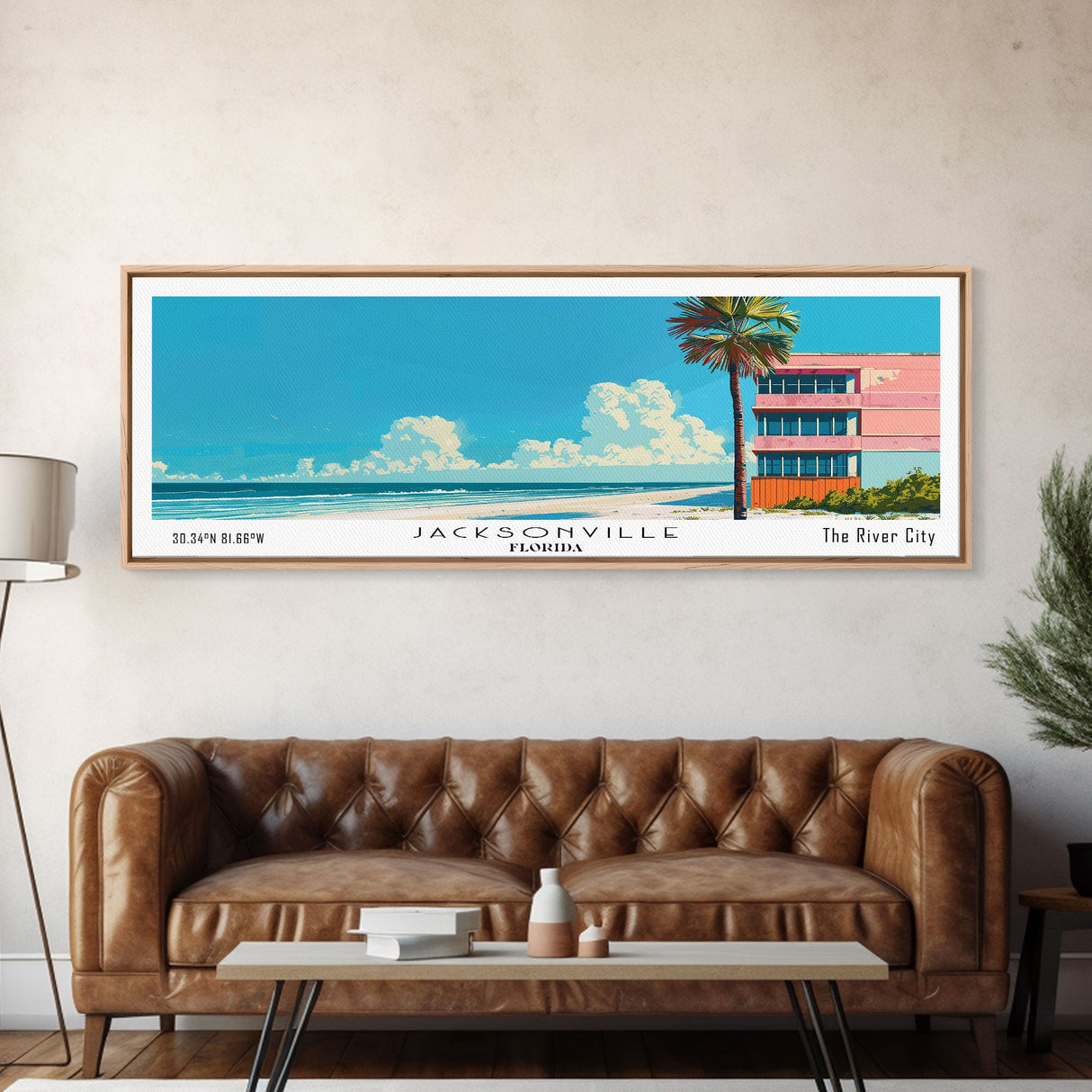 Jacksonville Florida Panoramic Painting, Mid Century Modern Framed Canvas Print, Retro Pop Art Travel Poster, Living Room Art