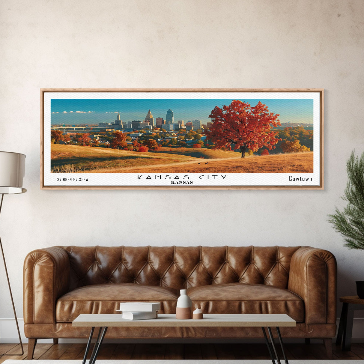 Kansas City Kansas Panoramic Wall Art, Mid Century Modern Framed Canvas Print, Retro Pop Art Travel Poster, Office Wall Art