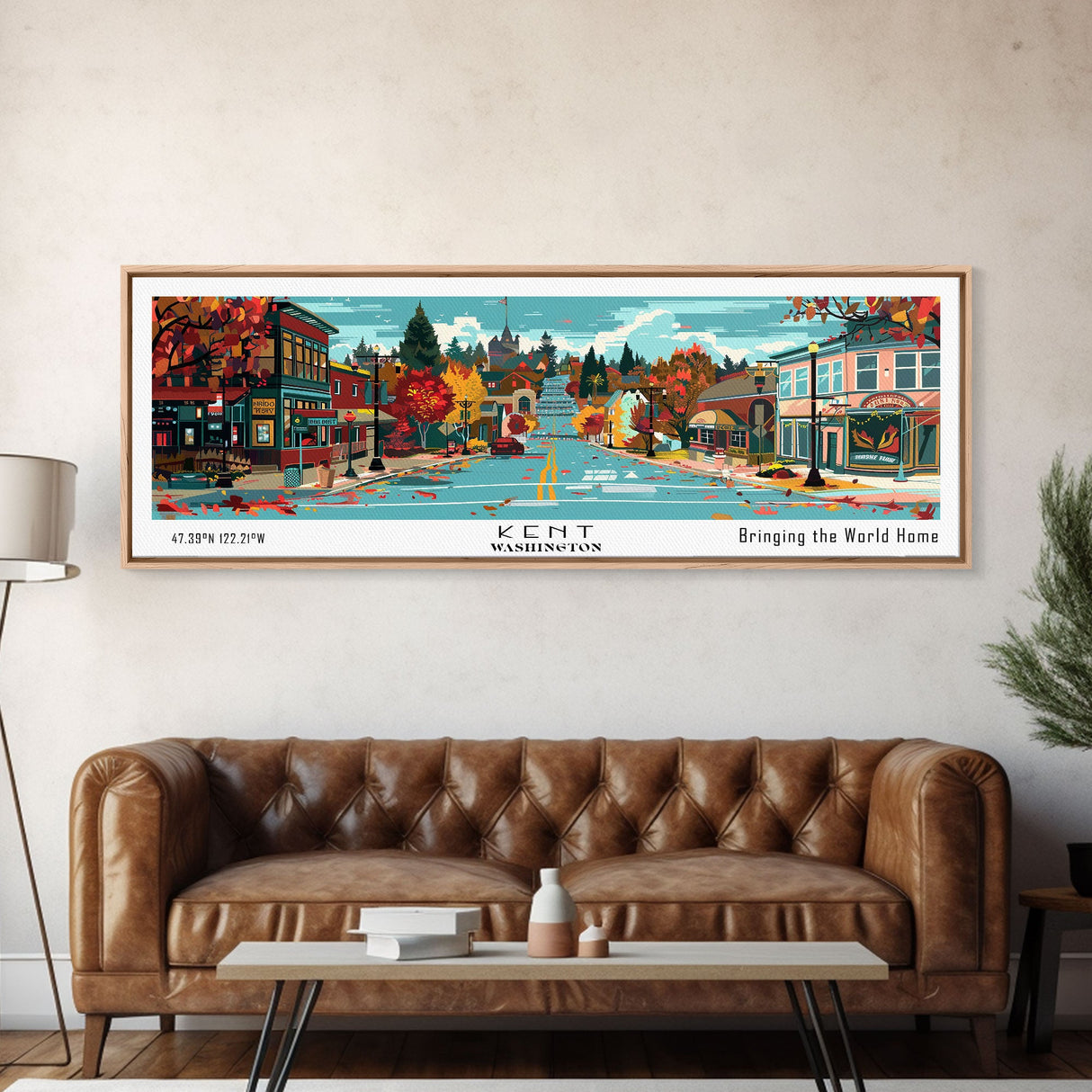 Kent Washington Panoramic Wall Art, Mid Century Modern Framed Canvas Print, Retro Pop Art Travel Poster, Home Wall Art