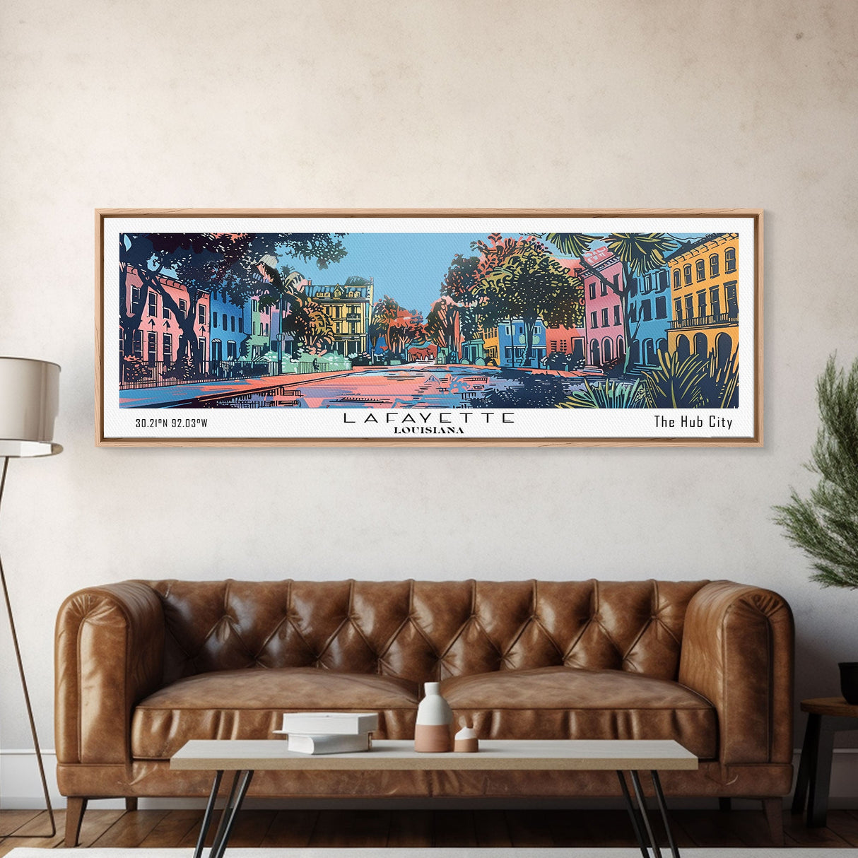 Lafayette Louisiana Panoramic Painting, Mid Century Modern Framed Canvas Print, Retro Pop Art Travel Poster, Home Wall Decor