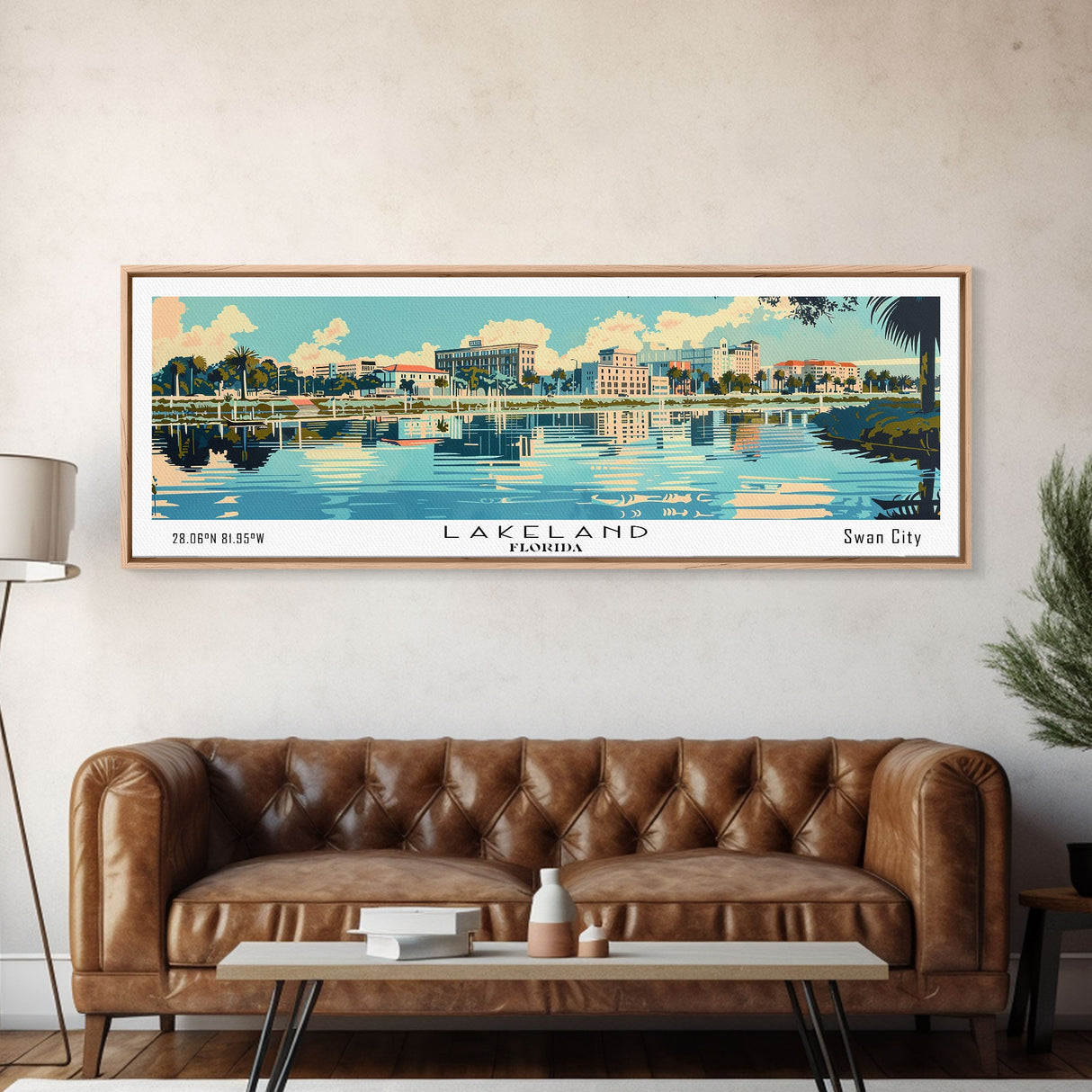 Lakeland Florida Panoramic Painting, Mid Century Modern Framed Canvas Print, Retro Pop Art Travel Poster, Home Wall Decor