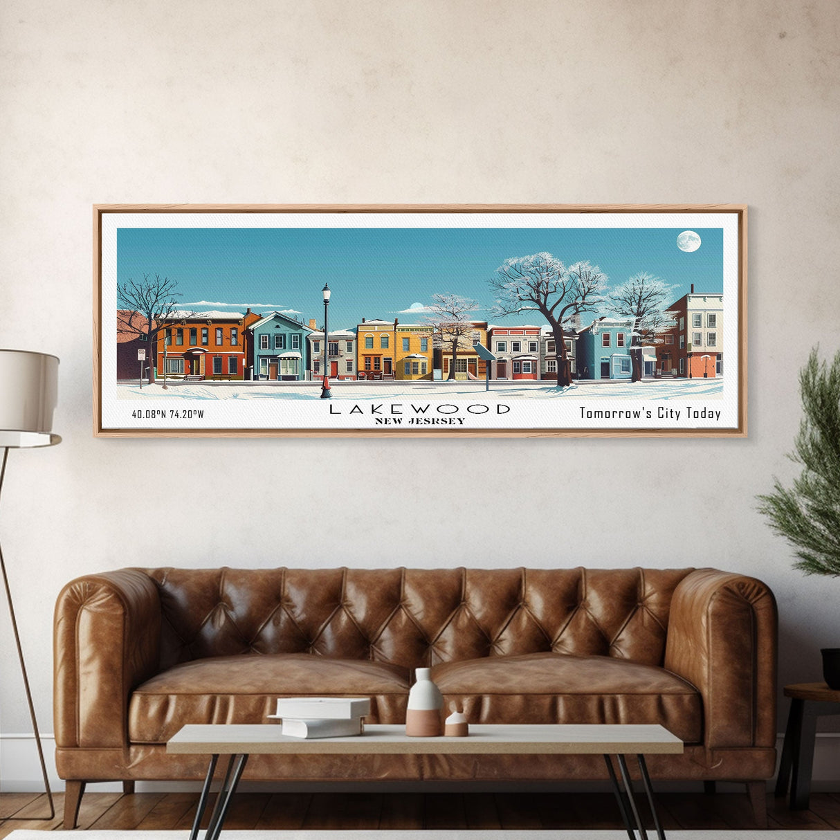 Lakewood New Jersey Panoramic Wall Art, Mid Century Modern Framed Canvas Print, Retro Pop Art Travel Poster, Living Room Art