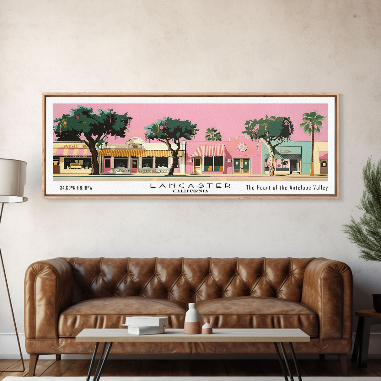 Lancaster California Panoramic Painting, Mid Century Modern Framed Canvas Print, Retro Pop Art Travel Poster, Home Decor