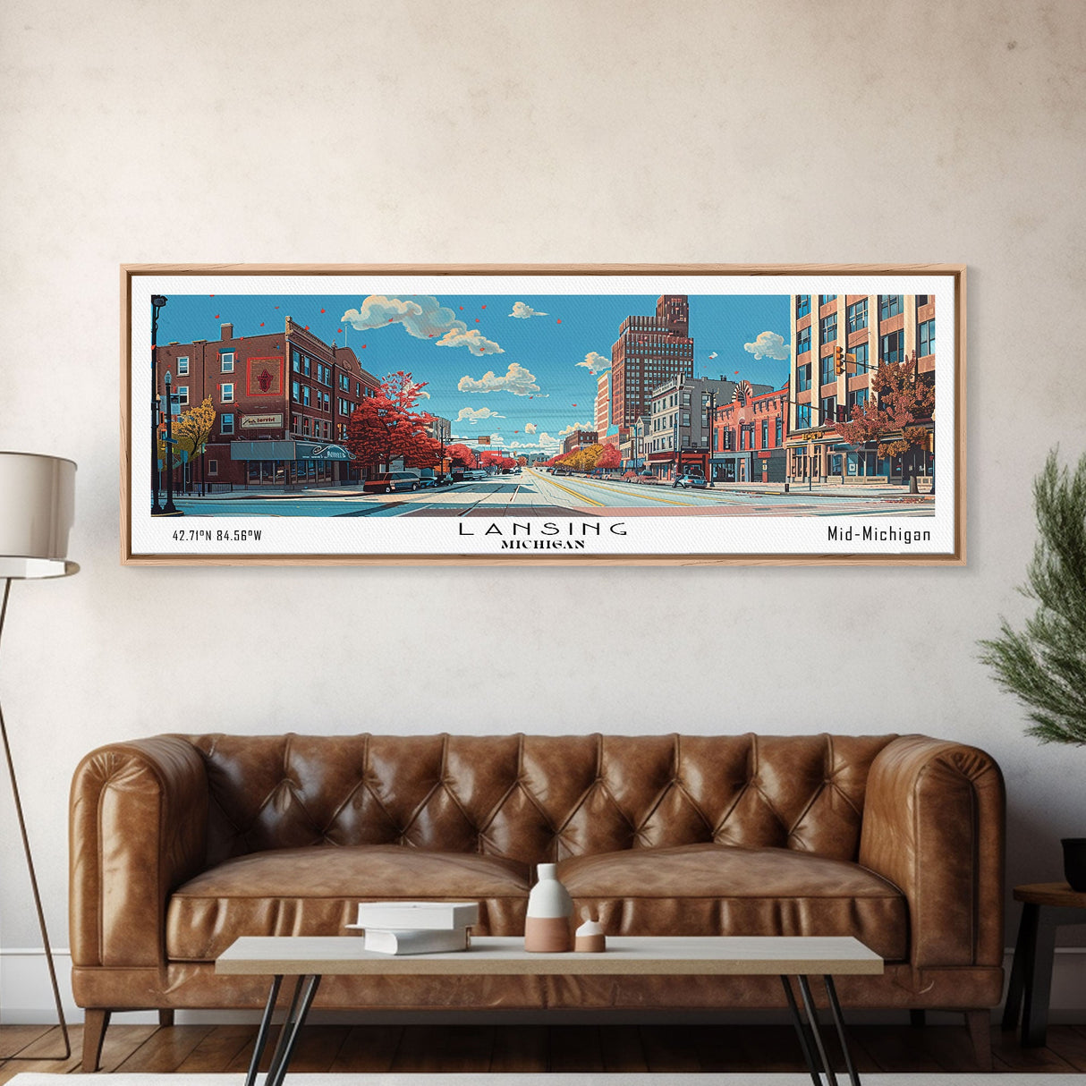 Lansing Michigan Panoramic Wall Art, Mid Century Modern Framed Canvas Print, Retro Pop Art Travel Poster, Living Room Decor