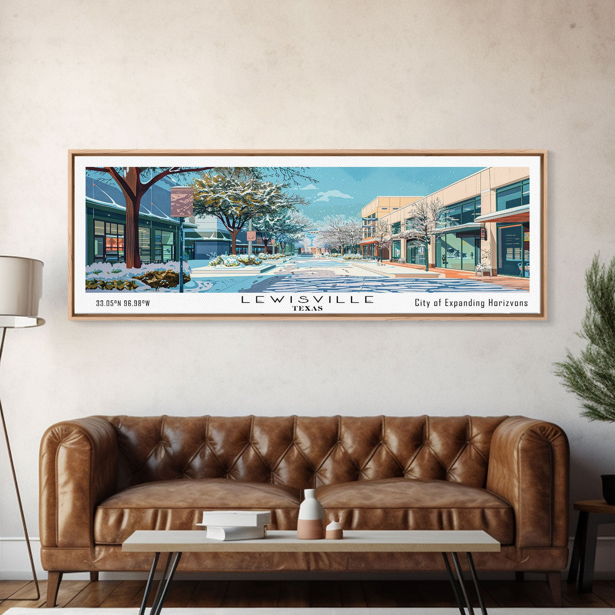 Lewisville Texas Panoramic Painting, Mid Century Modern Framed Canvas Print, Retro Pop Art Travel Poster, Living Room Decor