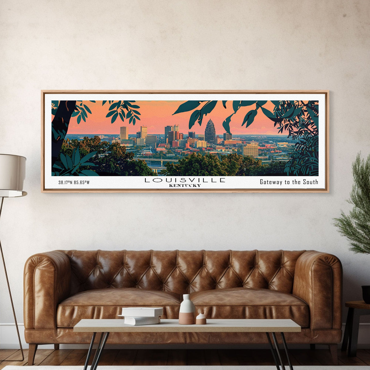 Louisville Kentucky Panoramic Painting, Mid Century Modern Framed Canvas Print, Retro Pop Art Travel Poster, Home Decor