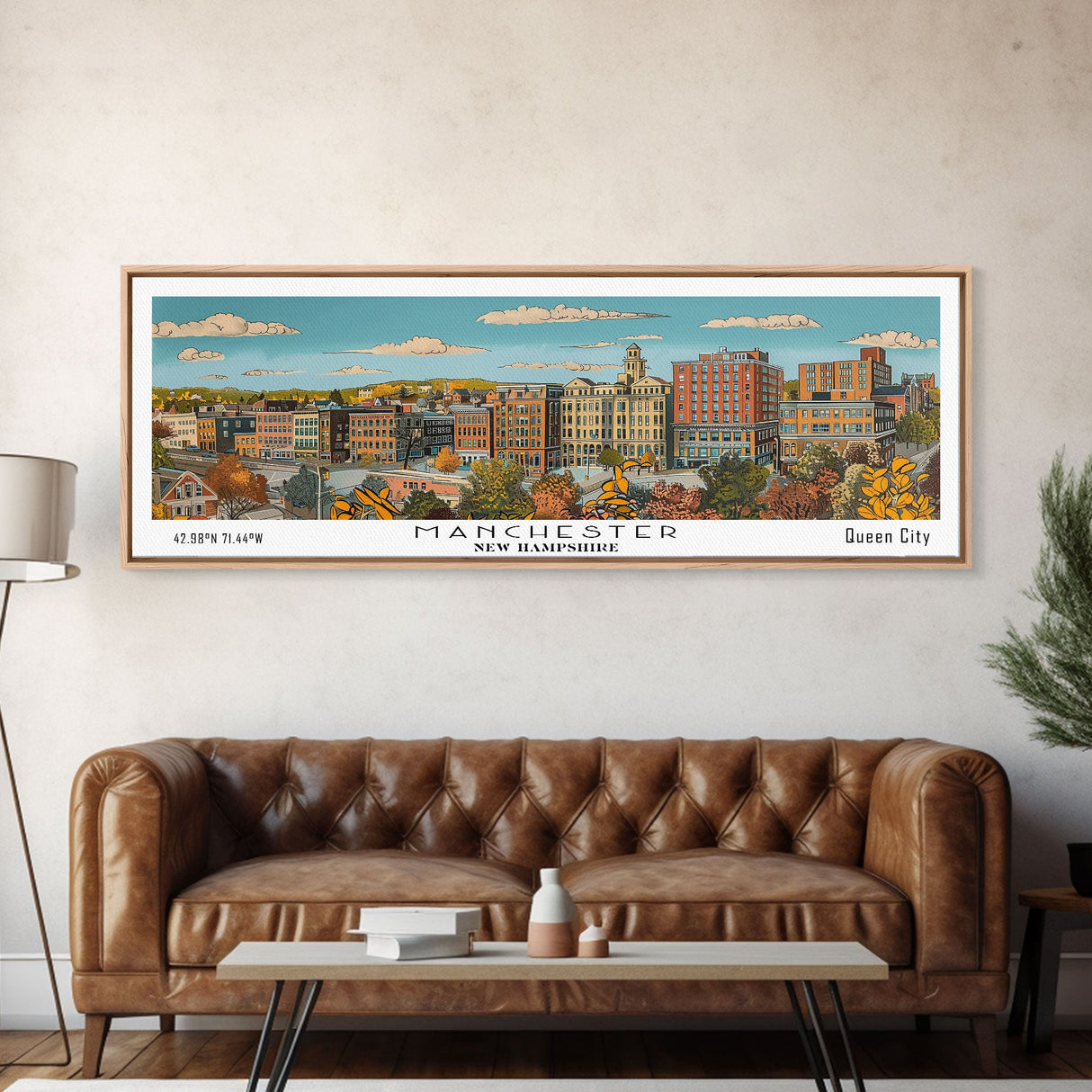 Manchester New Hampshire Panoramic Painting, Mid Century Modern Framed Canvas Print, Retro Pop Art Travel Poster, Living Room Decor