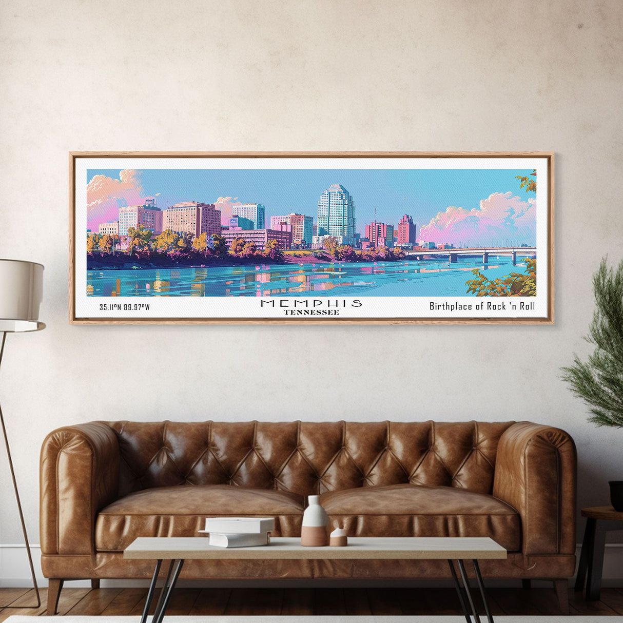 Memphis Tennessee Panoramic Painting, Mid Century Modern Framed Canvas Print, Retro Pop Art Travel Poster, Office Wall Art