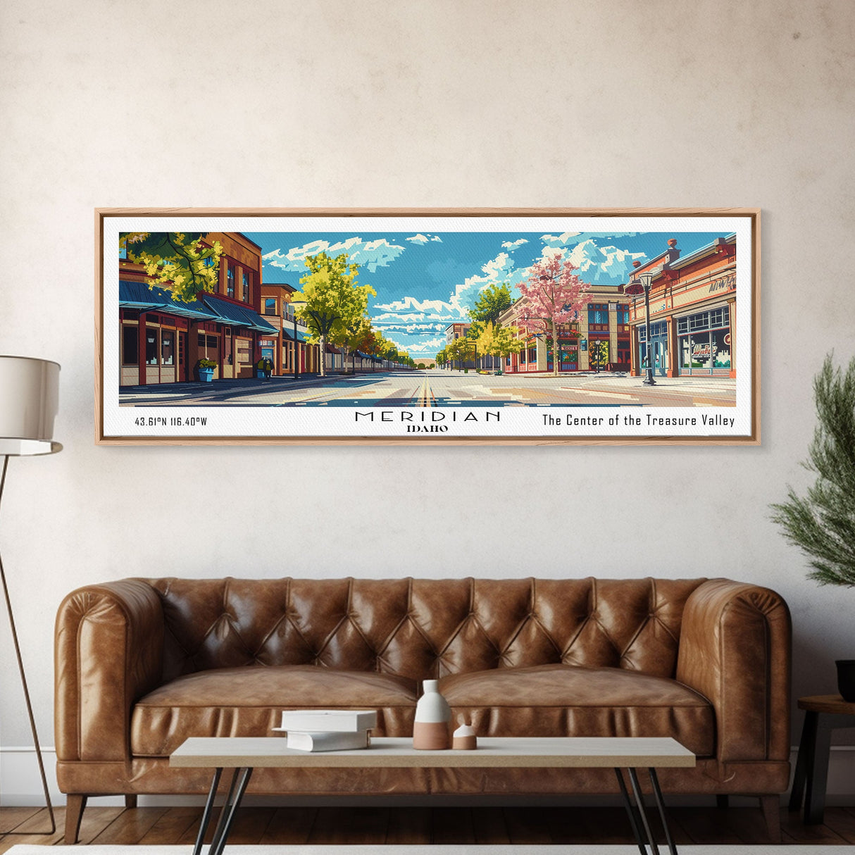 Meridian Idaho Panoramic Painting, Mid Century Modern Framed Canvas Print, Retro Pop Art Travel Poster, Home Decor