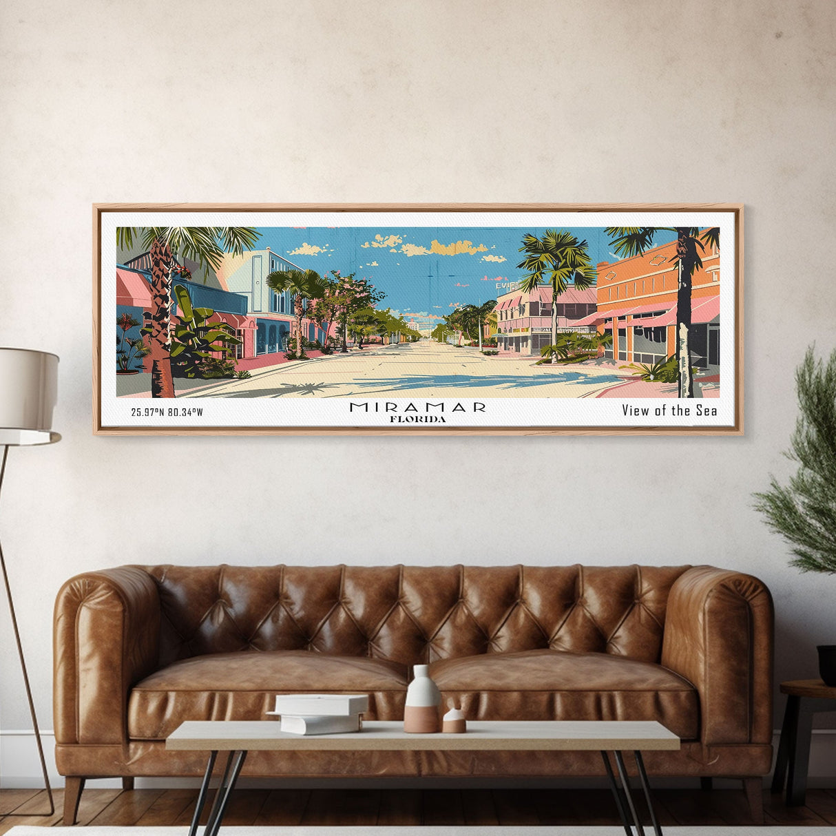 Miramar Florida Panoramic Painting, Mid Century Modern Framed Canvas Print, Retro Pop Art Travel Poster, Office Wall Art