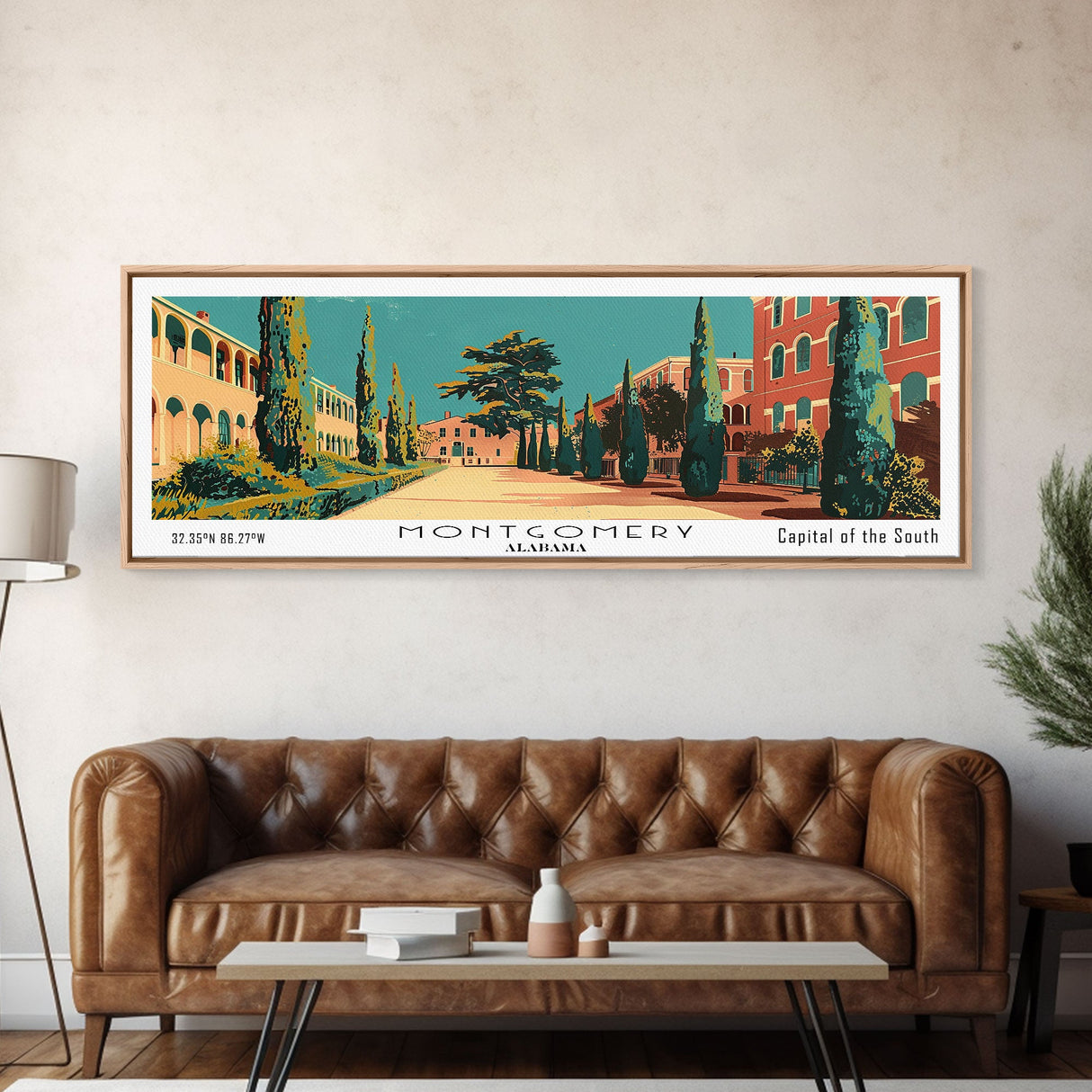 Montgomery Alabama Panoramic Wall Art, Mid Century Modern Framed Canvas Print, Retro Pop Art Travel Poster, Home Wall Art