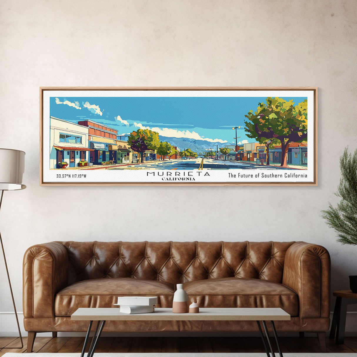 Murrieta California Panoramic Painting, Mid Century Modern Framed Canvas Print, Retro Pop Art Travel Poster, Living Room Decor