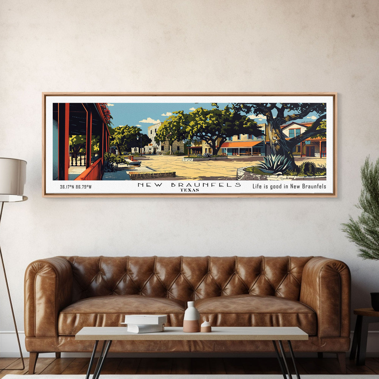 New Braunfels Texas Panoramic Painting, Mid Century Modern Framed Canvas Print, Retro Pop Art Travel Poster, Home Wall Art