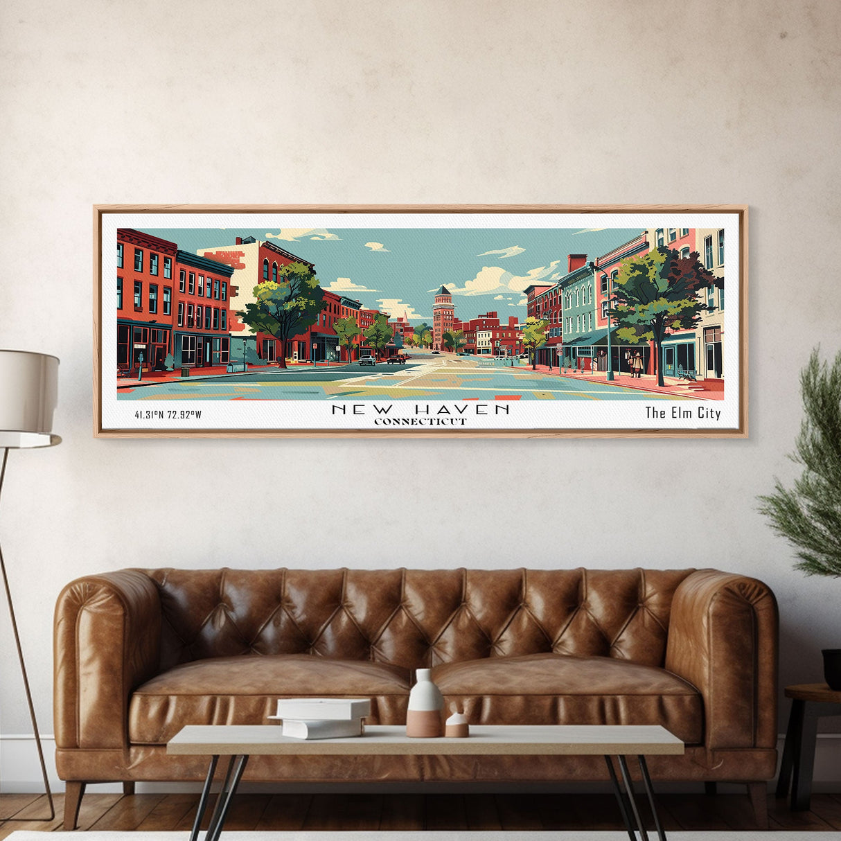 New Haven Connecticut Panoramic Wall Art, Mid Century Modern Framed Canvas Print, Retro Pop Art Travel Poster, Living Room Art