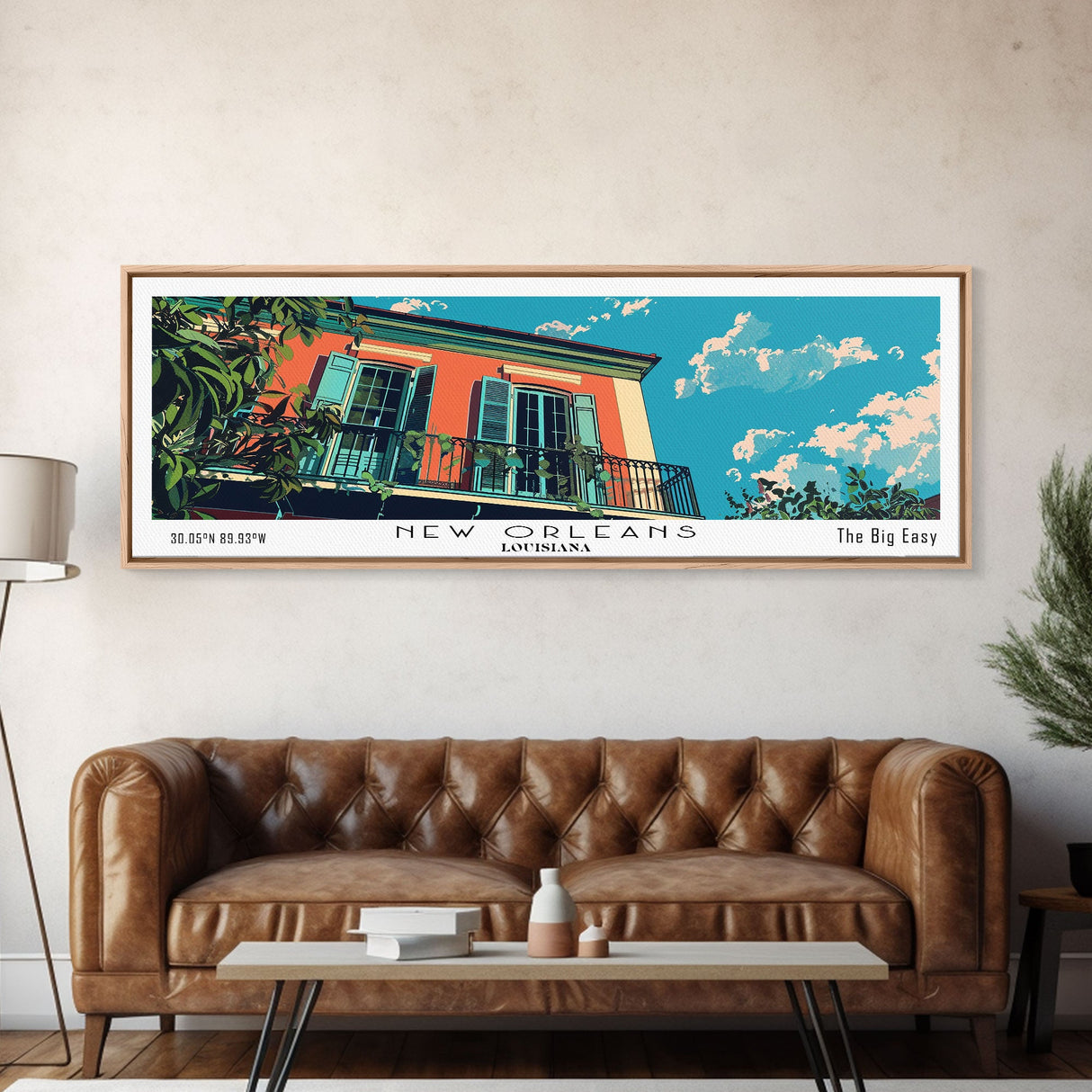 New Orleans Louisiana Panoramic Painting, Mid Century Modern Framed Canvas Print, Retro Pop Art Travel Poster, Office Decor