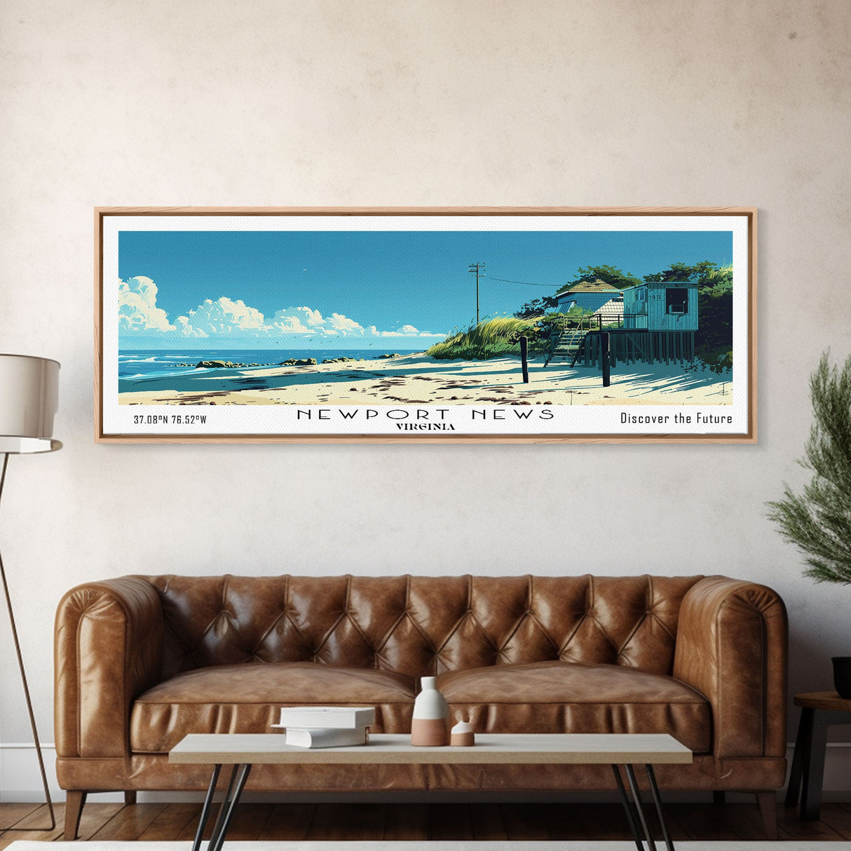 Newport News Virginia Panoramic Wall Art, Mid Century Modern Framed Canvas Print, Retro Pop Art Travel Poster, Home Wall Decor