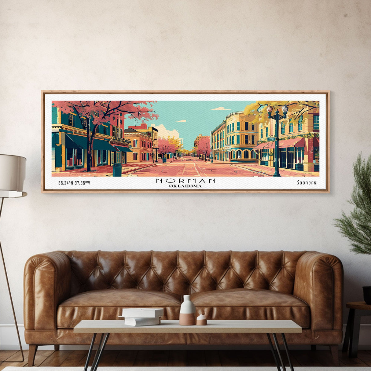 Norman Oklahoma Panoramic Wall Art, Mid Century Modern Framed Canvas Print, Retro Pop Art Travel Poster, City Art, Office Wall Decor, Living Room Art