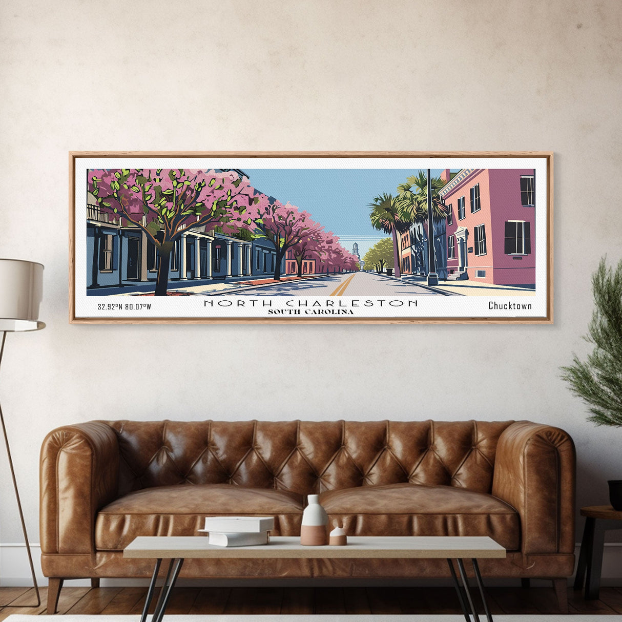 North Charleston South Carolina Panoramic Wall Art, Mid Century Modern Framed Canvas Print, Retro Pop Art Travel Poster, City Art, Office Wall Decor, Living Room Art