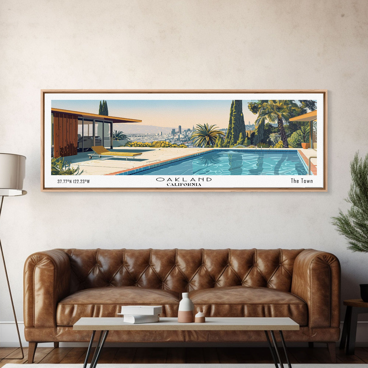 Oakland California Panoramic Painting, Mid Century Modern Framed Canvas Print, Retro Pop Art Travel Poster, City Art, Office Wall Decor, Living Room Art