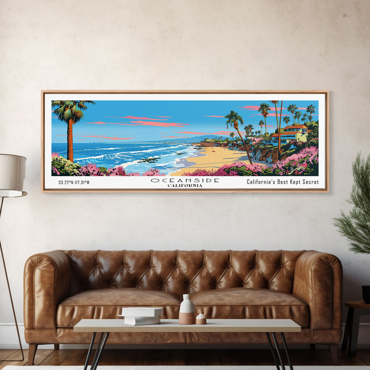 Oceanside California Panoramic Wall Art, Mid Century Modern Framed Canvas Print, Retro Pop Art Travel Poster, City Art, Office Wall Decor, Living Room Art