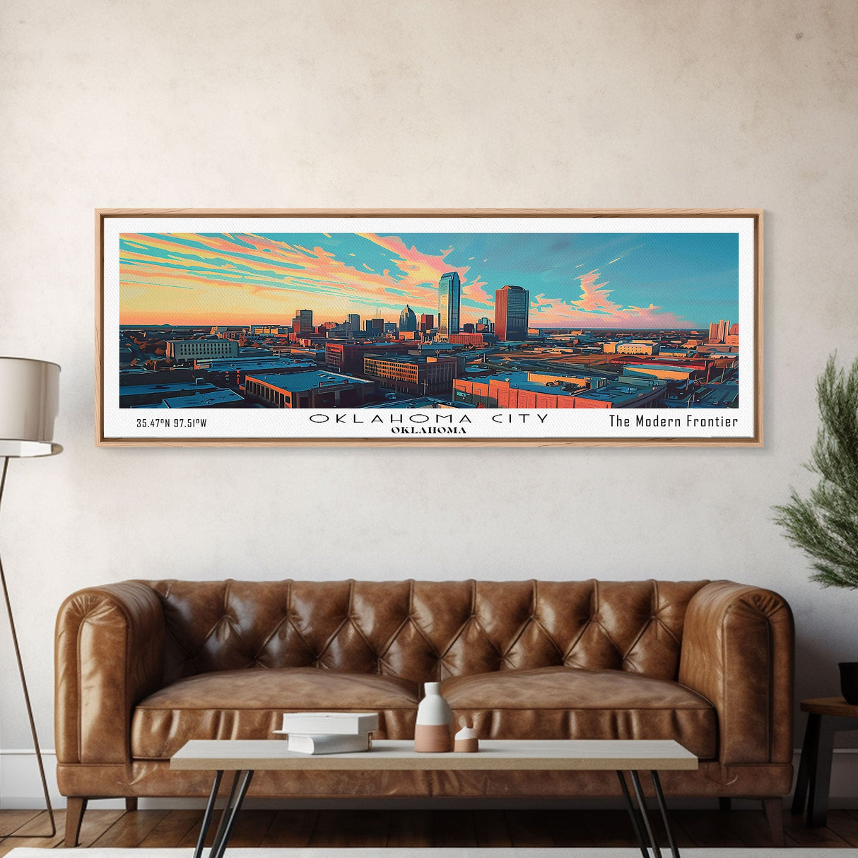 Oklahoma City Oklahoma Panoramic Painting, Mid Century Modern Framed Canvas Print, Retro Pop Art Travel Poster, City Art, Office Wall Decor, Living Room Art