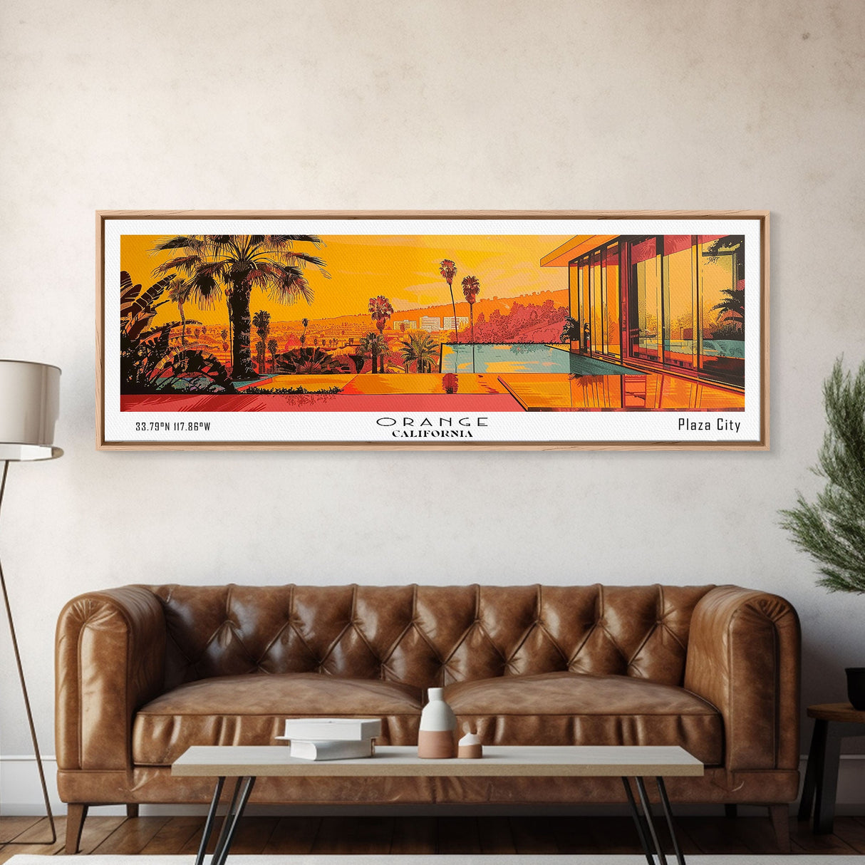 Orange California Panoramic Painting, Mid Century Modern Framed Canvas Print, Retro Pop Art Travel Poster, City Art, Office Wall Decor, Living Room Art